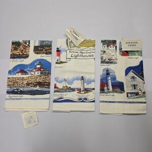 Linen‎ New England Lighthouses Tea Towel Set of 3 Maine Acadia Souvenir NWT